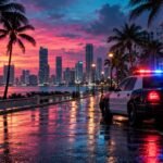 Illustration of a police cruiser with flashing lights on a wet neon-lit palm-lined street at dusk, evoking the GTA 6 wanted system