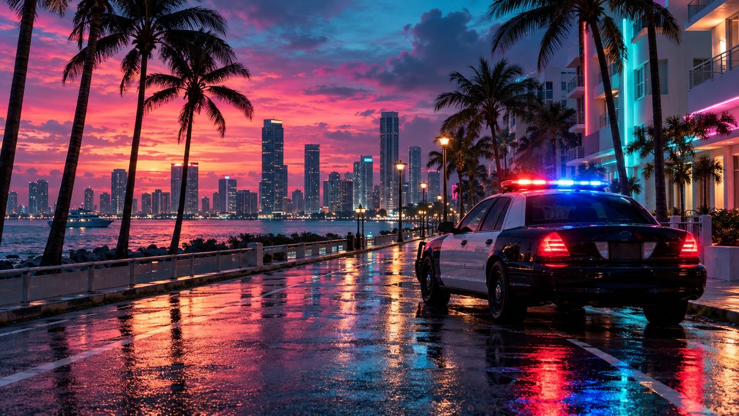 Illustration of a police cruiser with flashing lights on a wet neon-lit palm-lined street at dusk, evoking the GTA 6 wanted system