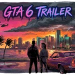 GTA 6 Launch Trailer: New Song, Jason and Lucia Story Details and Locked Nov. 19 Release Date 50 Editorial cartoon: neon-noir coastal city at dusk, two silhouetted figures by a muscle car under a stormy sunset, headline GTA 6 TRAILER