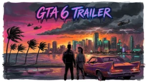 Editorial cartoon: neon-noir coastal city at dusk, two silhouetted figures by a muscle car under a stormy sunset, headline GTA 6 TRAILER