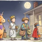 Halloween Costumes 2026: Google's Top 10 Trending Picks, From Buddy the Unicorn to Agamemnon 681 Hand-drawn editorial cartoon of trick-or-treaters on a porch at night: a person in an orange unicorn mascot suit with a purple heart, a Greek king in a toga and crown, a person with a bowl haircut and oversized clothes, and a child superhero, under a full moon.