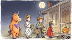 Hand-drawn editorial cartoon of trick-or-treaters on a porch at night: a person in an orange unicorn mascot suit with a purple heart, a Greek king in a toga and crown, a person with a bowl haircut and oversized clothes, and a child superhero, under a full moon.