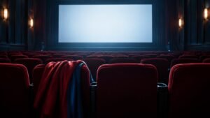 Illustration of an empty movie theater with a red and blue cape draped over a seat, evoking James Gunn and the Man of Tomorrow rumors