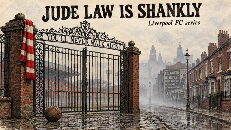 Hand-drawn illustration of the Shankly Gates with a Youll Never Walk Alone scroll and a Liverpool scarf, for the Jude Law Bill Shankly series news
