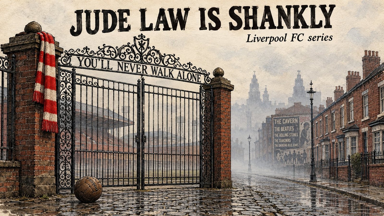 Hand-drawn illustration of the Shankly Gates with a Youll Never Walk Alone scroll and a Liverpool scarf, for the Jude Law Bill Shankly series news