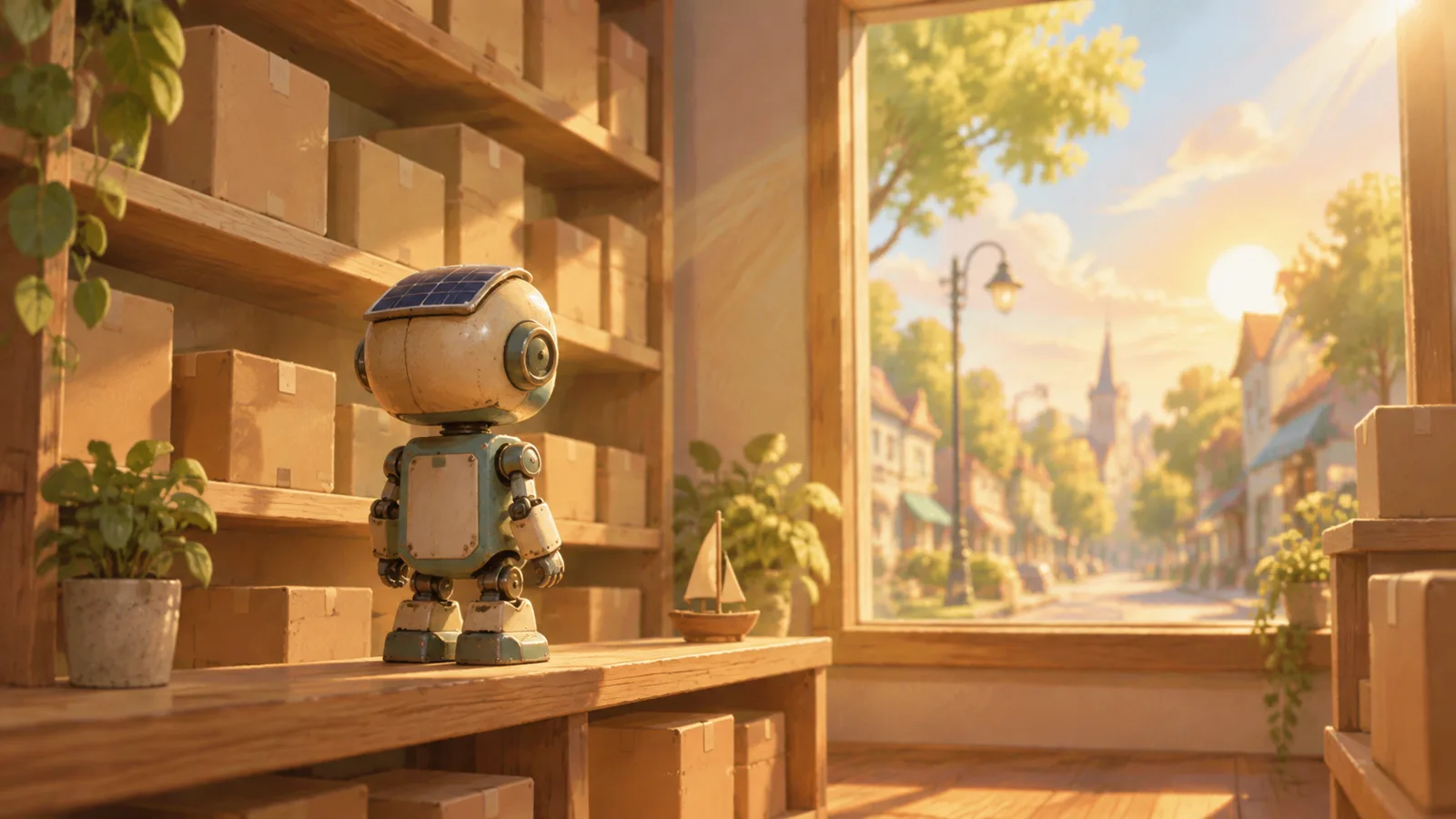 Illustration of a small solar-powered toy robot on a store shelf gazing toward a sunlit shop window