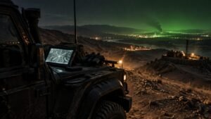 Illustration of a night-time military operation overlook with a tablet map on a black SUV, evoking the Lioness Season 3 spy thriller