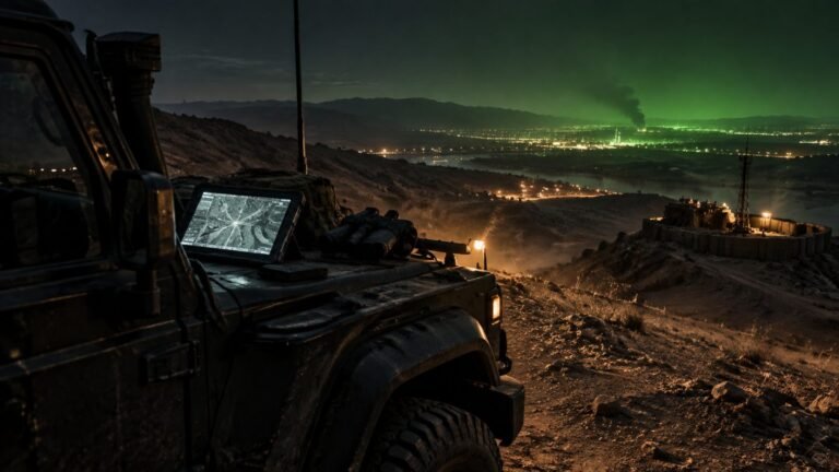Illustration of a night-time military operation overlook with a tablet map on a black SUV, evoking the Lioness Season 3 spy thriller