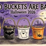 Hand-drawn illustration of five McDonalds Boo Buckets for Halloween 2026 with jack-o-lantern, bat, ghost, spider web and black cat doodles