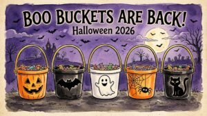 Hand-drawn illustration of five McDonalds Boo Buckets for Halloween 2026 with jack-o-lantern, bat, ghost, spider web and black cat doodles
