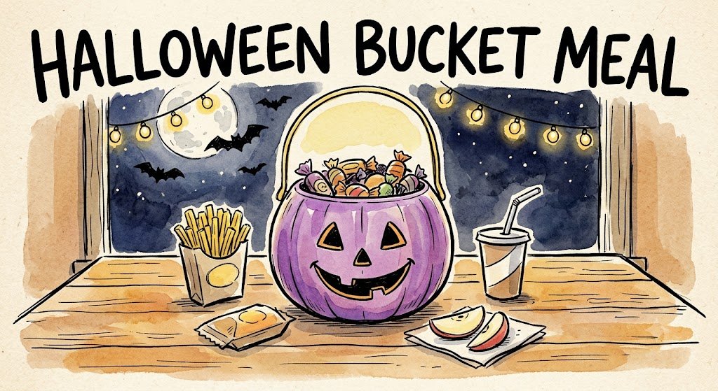 Illustration of a McDonald's Halloween 2026 Boo Bucket Happy Meal with a purple pumpkin pail, fries, apple slices and a drink