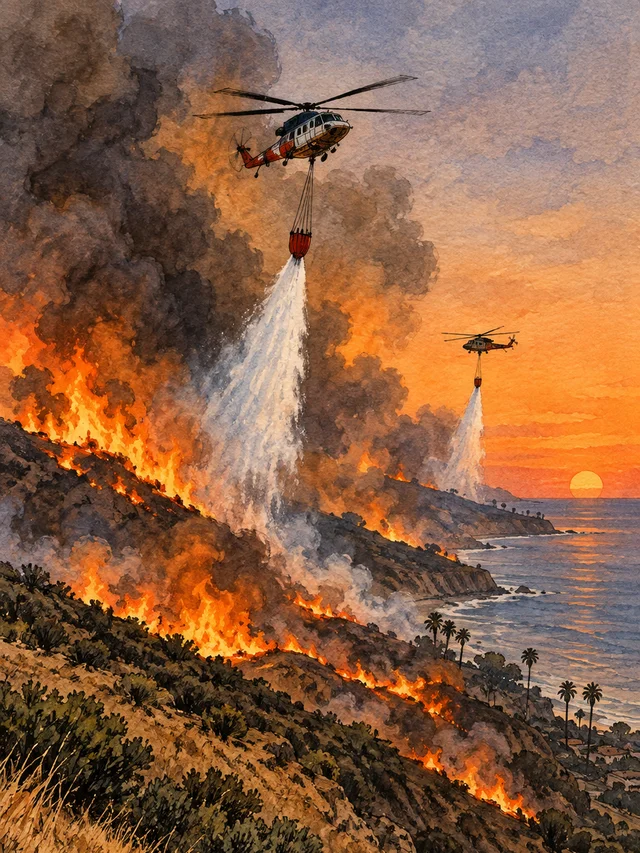 Norte Fire web story poster: helicopters dropping water on a hillside fire at dusk