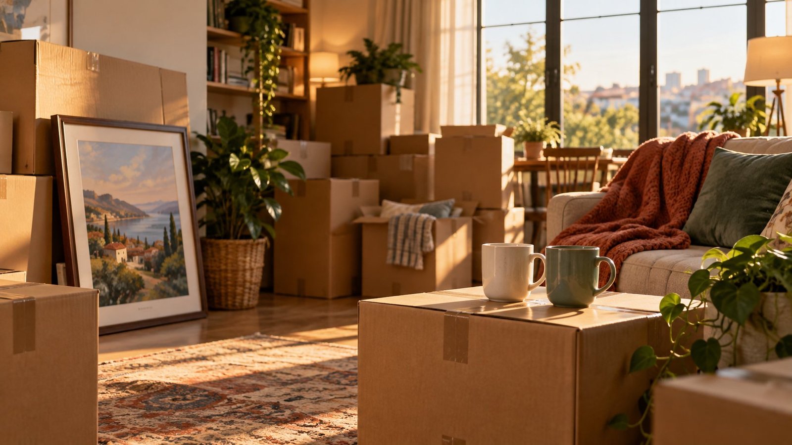 Illustration of a cozy living room full of moving boxes, a framed painting and two coffee mugs, evoking Nobody Wants This Season 3