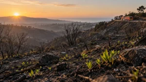 Illustration of new green shoots on the charred Norte Fire hillside at dawn after full containment