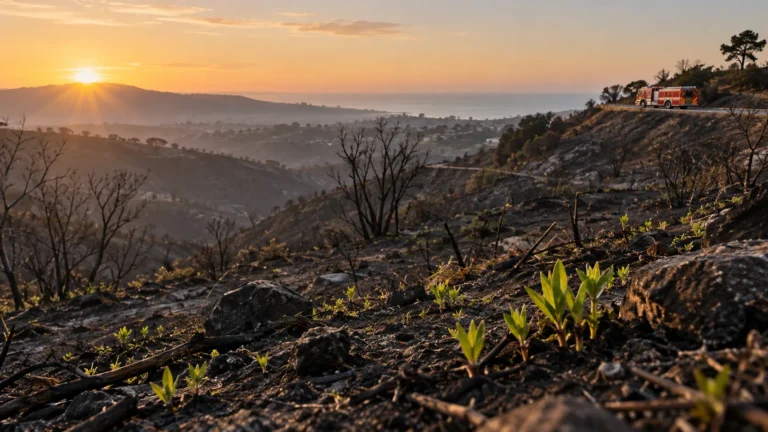 Illustration of new green shoots on the charred Norte Fire hillside at dawn after full containment