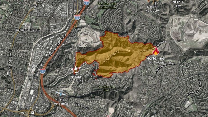 Norte Fire in Orange County: Evacuation Orders, Map and Shelters for San Clemente and San Juan Capistrano 2 CAL FIRE perimeter map of the Norte Fire near San Clemente and San Juan Capistrano showing the 465.4-acre burn area and nearby streets