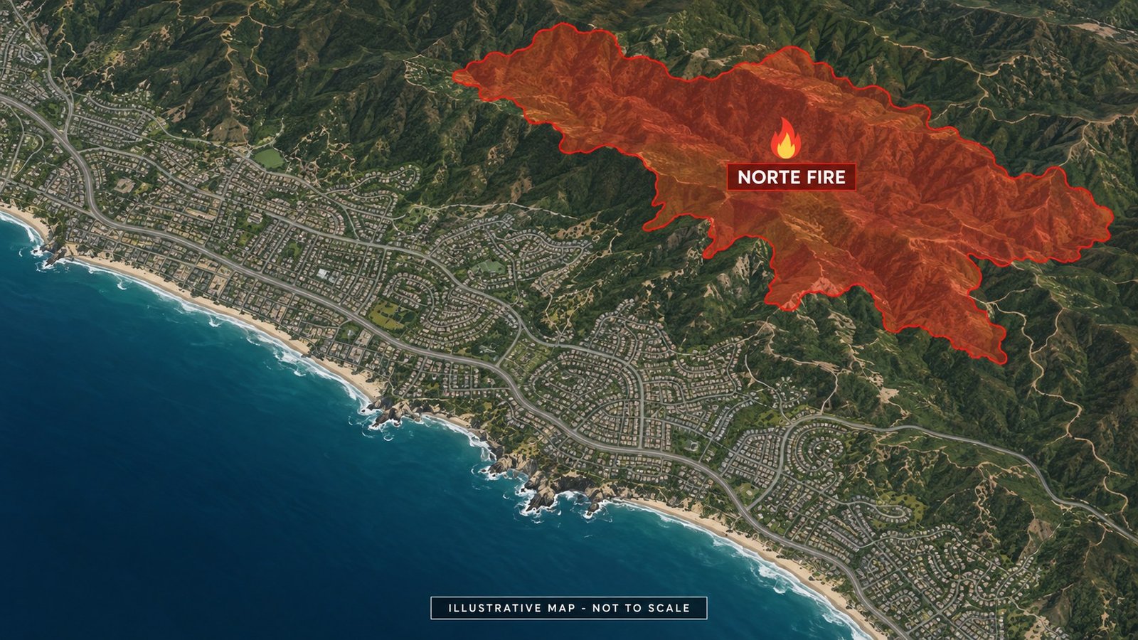 Norte Fire in Orange County: Evacuation Orders, Map and Shelters for San Clemente and San Juan Capistrano 3 AI-generated illustrative map showing an approximate burn area for the Norte Fire over a stylized Southern California coastline, not the official perimeter