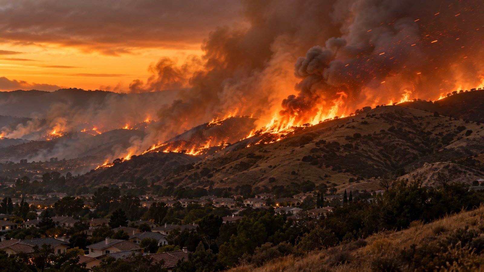 AI-generated illustration of a wind-driven brush fire burning across dry hillsides at dusk above a generic Southern California suburb