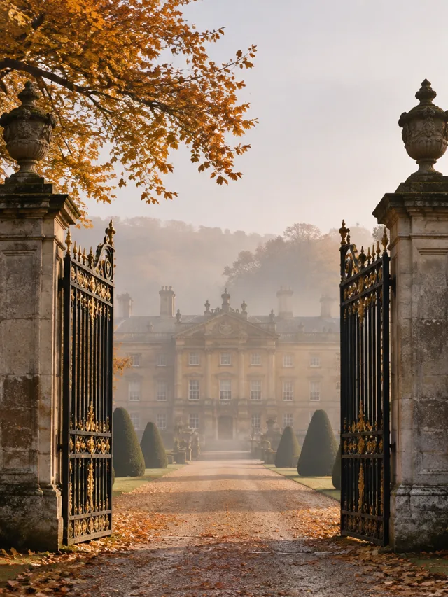 Illustration of empty palace gates and a leaf-covered drive in morning mist, story poster