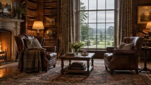 Illustration of two empty leather armchairs facing each other in a quiet English library, a symbol of Prince Harry's wish to reconcile