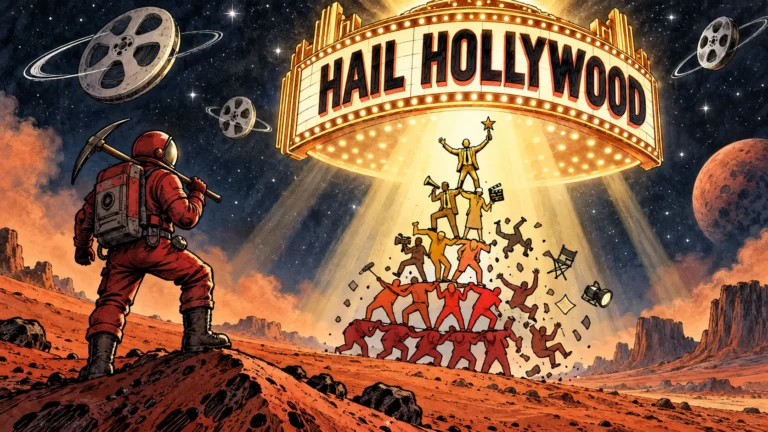 Hand-drawn editorial cartoon of a red-suited Mars miner watching a crumbling caste pyramid beneath a glowing Hail Hollywood marquee, illustrating the Red Rising movie announcement