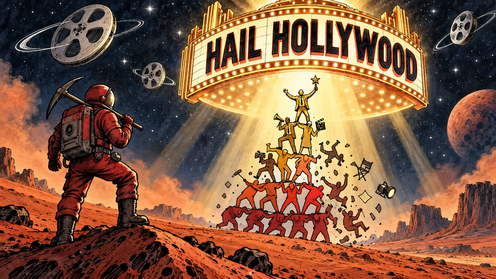 Hand-drawn editorial cartoon of a red-suited Mars miner watching a crumbling caste pyramid beneath a glowing Hail Hollywood marquee, illustrating the Red Rising movie announcement
