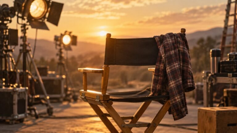 Richard Riehle, Office Space and Star Trek Actor, Dies at 78 666 Illustration tribute to actor Richard Riehle: an empty director chair with a flannel shirt on a film set at golden hour