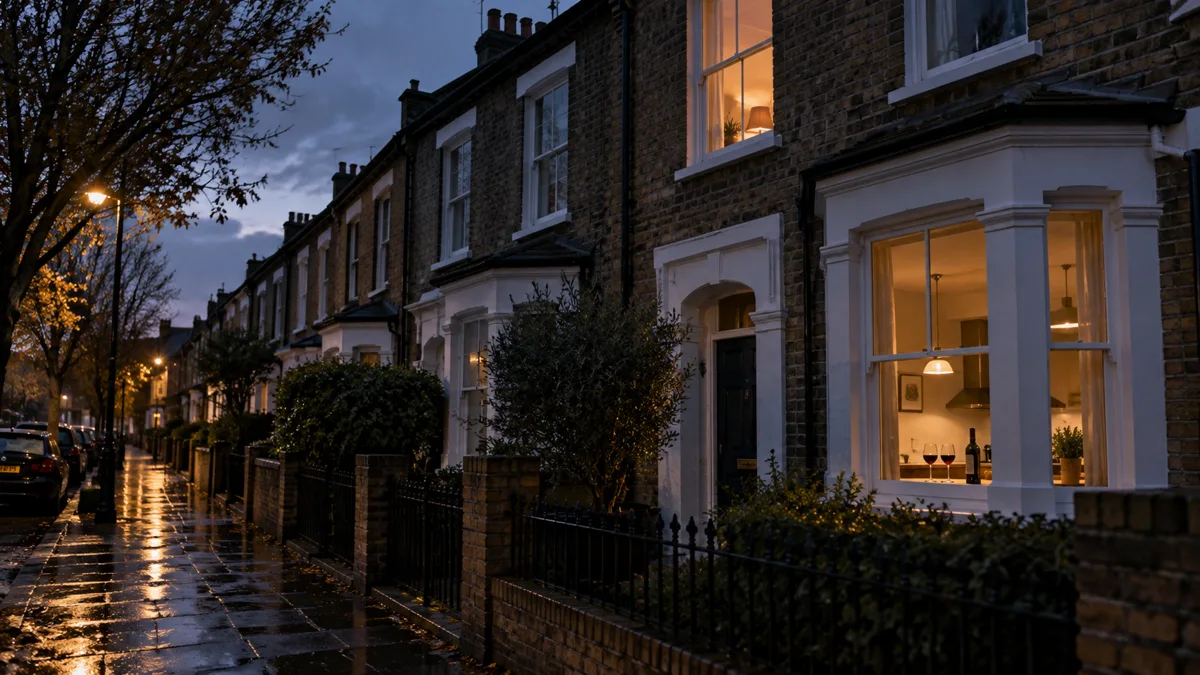 Illustration of a London terraced house at dusk with one upstairs light on and wine glasses in the kitchen window, for the Slow Horses Season 6 ending explained