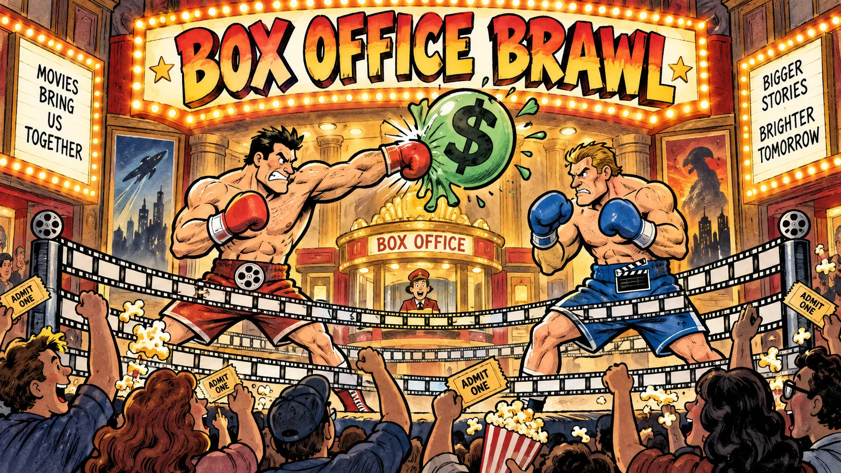 Hand-drawn editorial cartoon of two arcade-style fighters brawling over a dollar sign in a movie theater boxing ring, illustrating the Street Fighter box office opening weekend