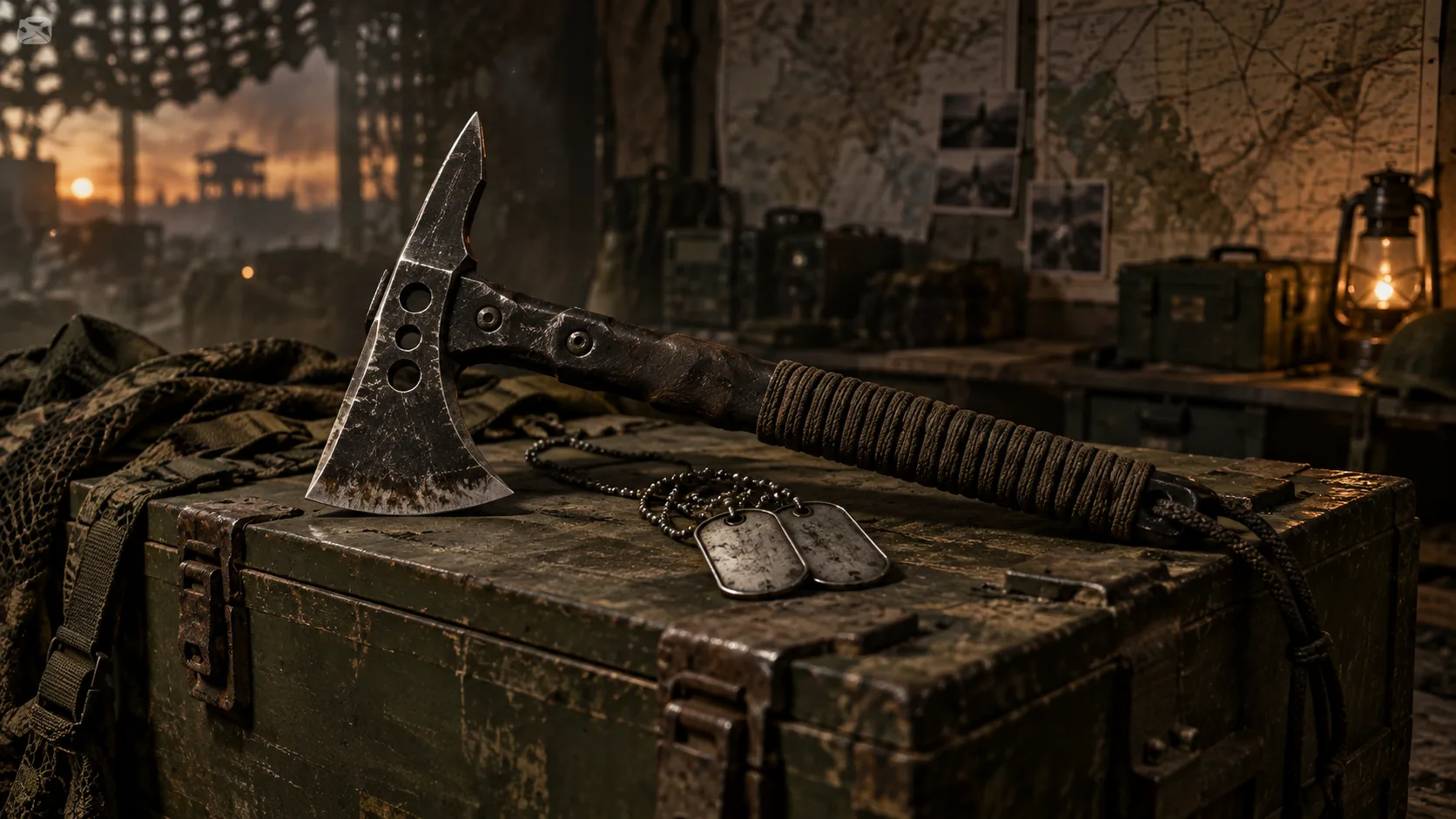 Illustration of a military hatchet and dog tags on an ammo crate, evoking The Terminal List season 2 ending