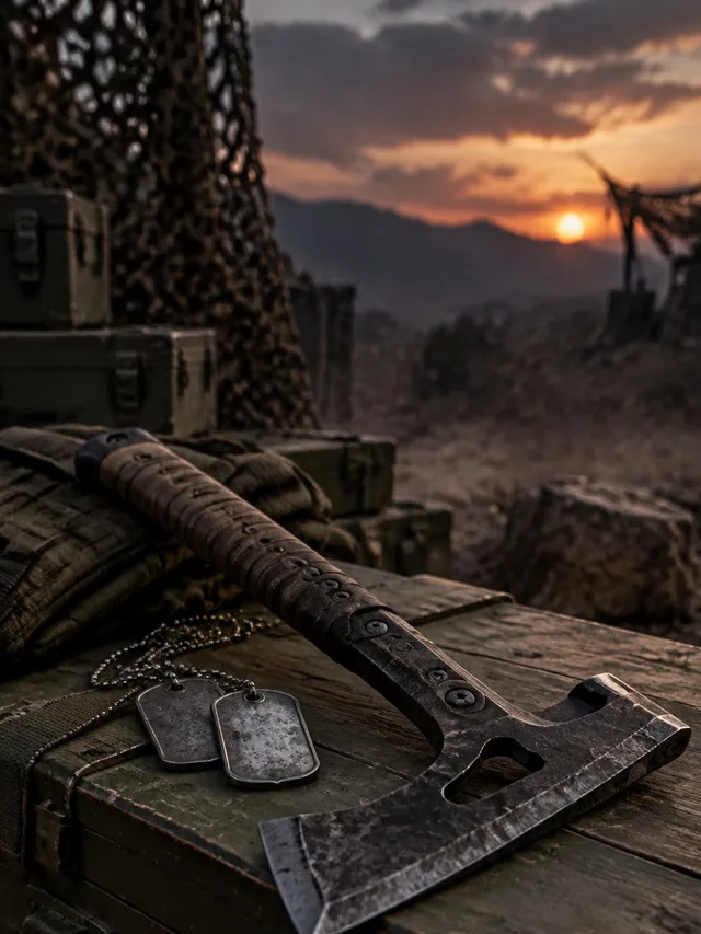 Illustration of a military hatchet and dog tags on an ammo crate, story poster