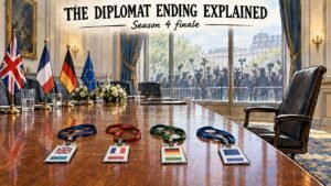 The Diplomat Season 4 Ending Explained: Why Kate Resigns and What It Means for Season 5 Hand-drawn illustration of four abandoned diplomatic ID badges on a G7 summit table with press outside, for The Diplomat season 4 ending explained
