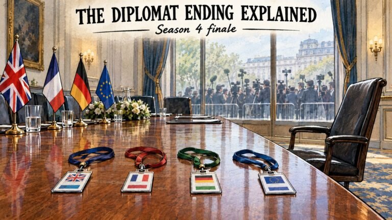 Hand-drawn illustration of four abandoned diplomatic ID badges on a G7 summit table with press outside, for The Diplomat season 4 ending explained
