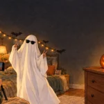 TikTok Halloween Trends 2026: Ghost Photoshoots, the Pumpkin Head Illusion and the Sounds Taking Over 680 Hand-drawn editorial cartoon of a TikTok Halloween ghost photoshoot: a creator in a white sheet and sunglasses poses while a friend films on a phone tripod, with a jack-o-lantern and a tablet filming day vs night decor.