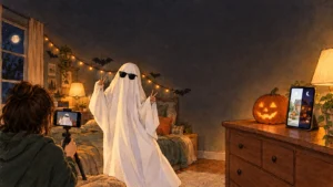 Hand-drawn editorial cartoon of a TikTok Halloween ghost photoshoot: a creator in a white sheet and sunglasses poses while a friend films on a phone tripod, with a jack-o-lantern and a tablet filming day vs night decor.