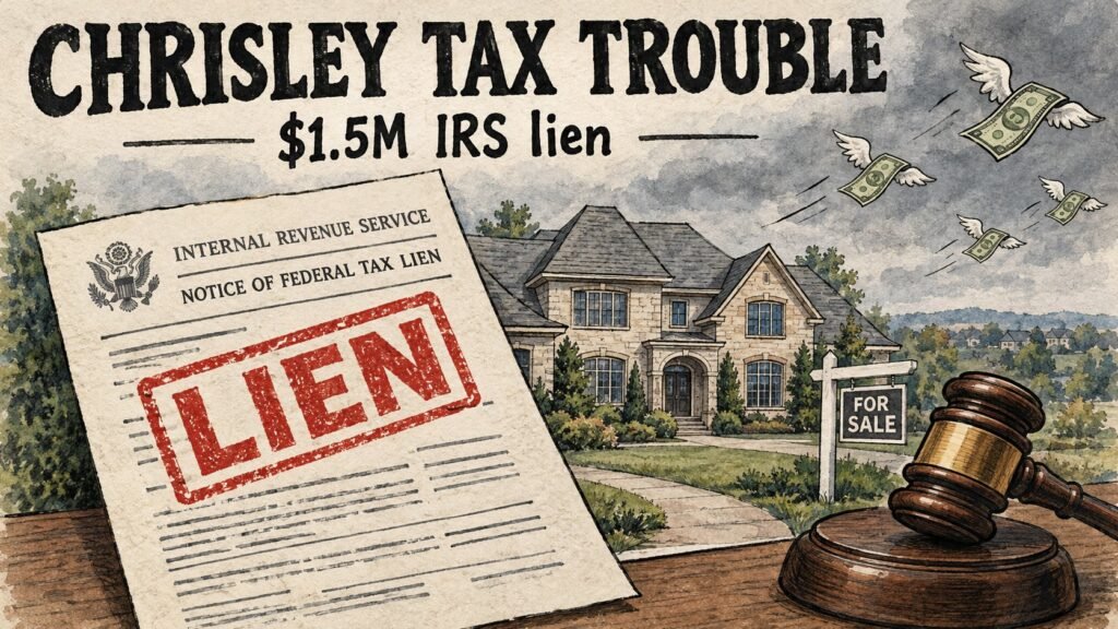 Hand-drawn illustration of an IRS federal tax lien notice stamped LIEN over a Nashville mansion, for the Todd and Julie Chrisley tax lien story