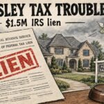 Hand-drawn illustration of an IRS federal tax lien notice stamped LIEN over a Nashville mansion, for the Todd and Julie Chrisley tax lien story