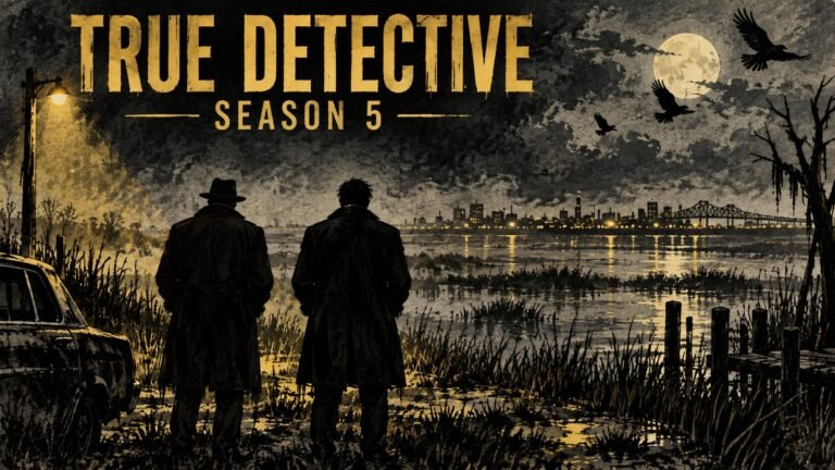 Hand-drawn editorial illustration of two detectives silhouetted on a misty bay at night, representing True Detective season 5 with Nicolas Cage and Antonio Banderas