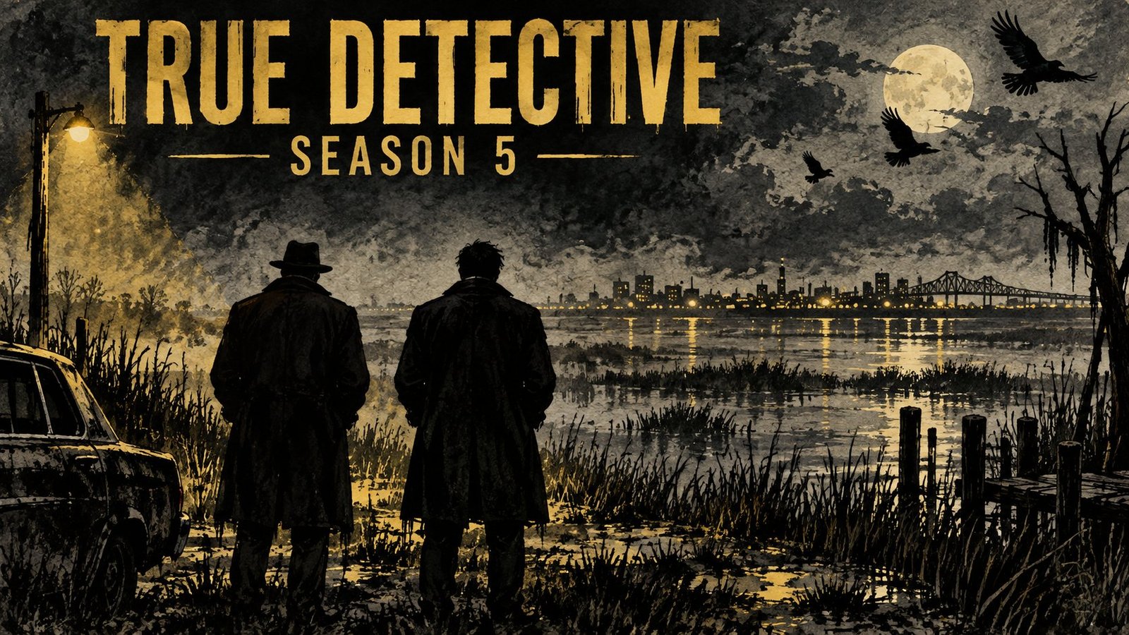 Hand-drawn editorial illustration of two detectives silhouetted on a misty bay at night, representing True Detective season 5 with Nicolas Cage and Antonio Banderas