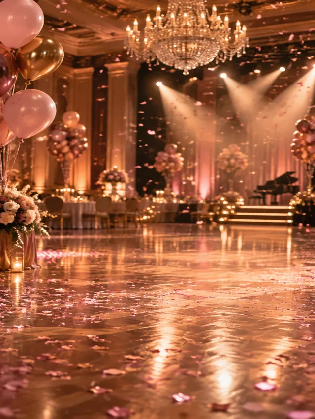 Tyler Cameron and Tate Madden: Baby Announcement Key Facts 713 Illustration of a ballroom dance floor with pink confetti and balloons