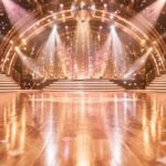 Illustration of an empty ballroom dance floor with pink confetti and balloons, evoking Tyler Cameron's baby announcement on Dancing With the Stars