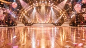 Illustration of an empty ballroom dance floor with pink confetti and balloons, evoking Tyler Cameron's baby announcement on Dancing With the Stars
