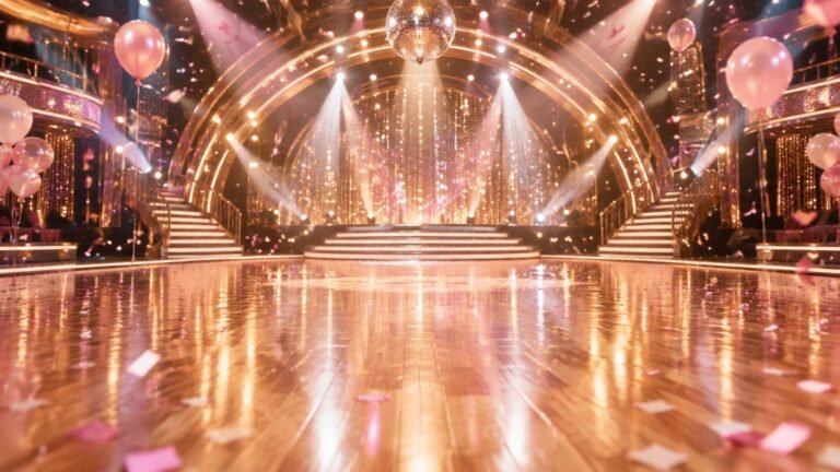 Illustration of an empty ballroom dance floor with pink confetti and balloons, evoking Tyler Cameron's baby announcement on Dancing With the Stars