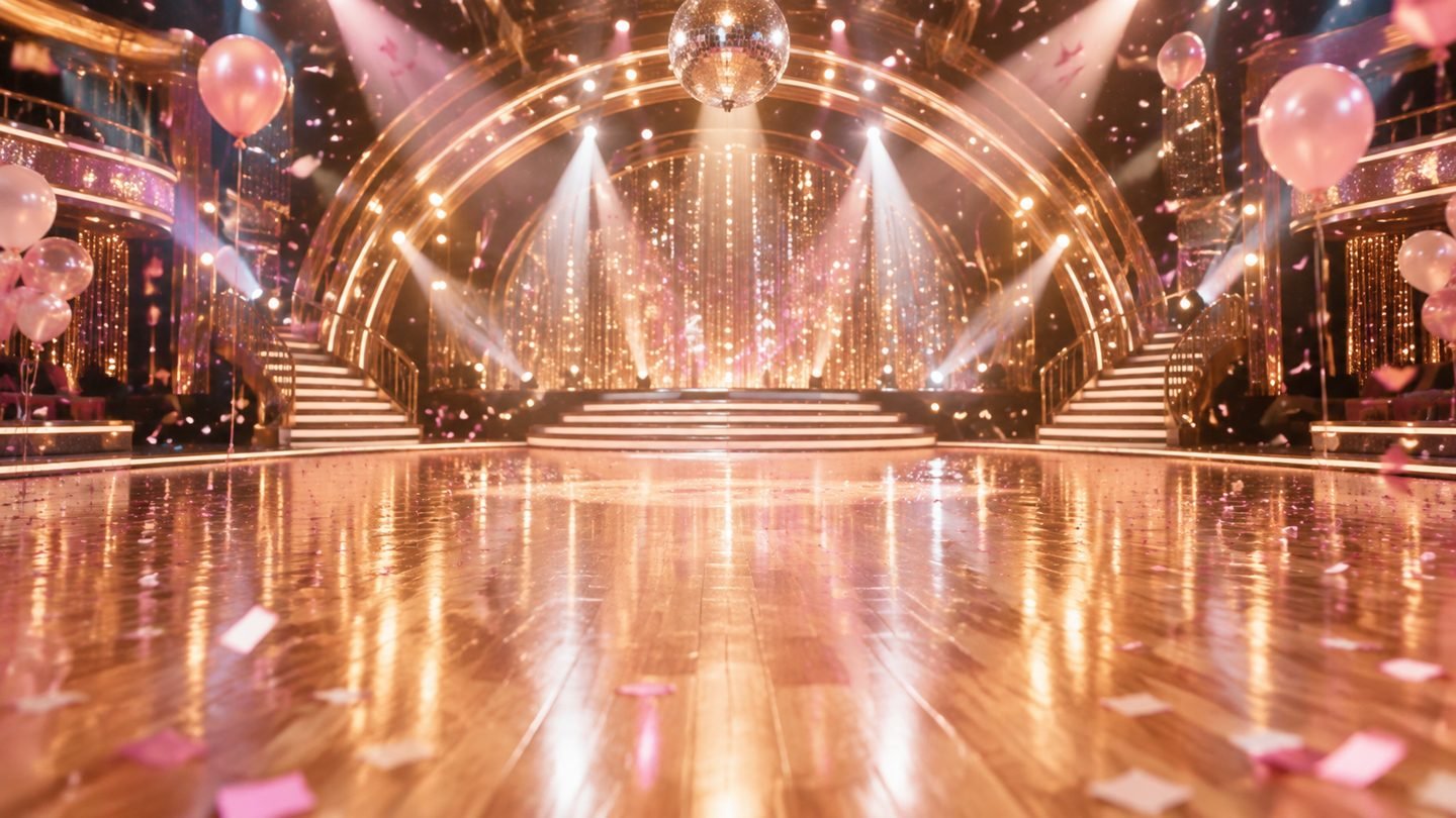 Illustration of an empty ballroom dance floor with pink confetti and balloons, evoking Tyler Cameron's baby announcement on Dancing With the Stars