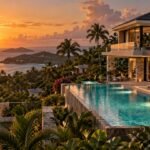 Tyler Perry Buys $30 Million Puerto Rico Mansion: What We Know 584 Illustration of a modern luxury villa with a pool at sunset overlooking the Caribbean, evoking Tyler Perry's Puerto Rico mansion