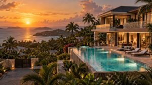 Illustration of a modern luxury villa with a pool at sunset overlooking the Caribbean, evoking Tyler Perry's Puerto Rico mansion