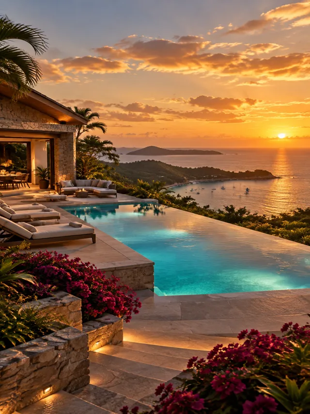 Tyler Perry Buys $30 Million Puerto Rico Mansion: Key Facts 711 Illustration of a hillside villa with a glowing pool at sunset