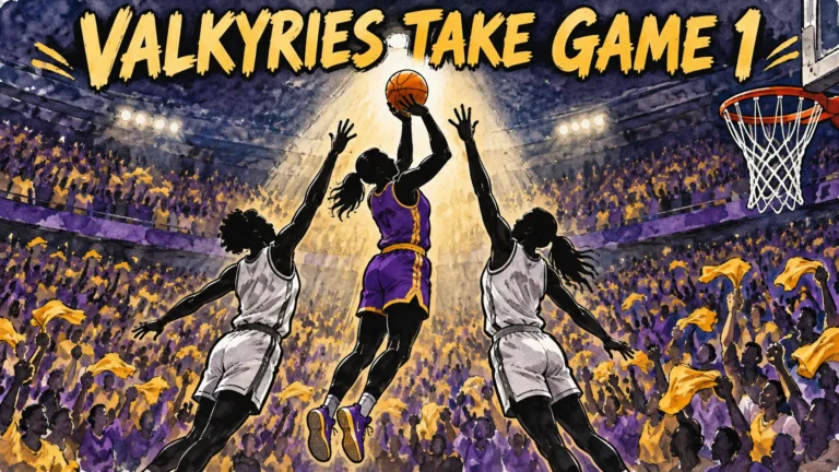 Valkyries vs. Dream: Gabby Williams Scores 26 as Golden State Wins WNBA Finals Game 1, 68-64 674 Hand-drawn editorial illustration of a Valkyries player rising for a contested jump shot over two Dream defenders during Game 1 of the 2026 WNBA Finals