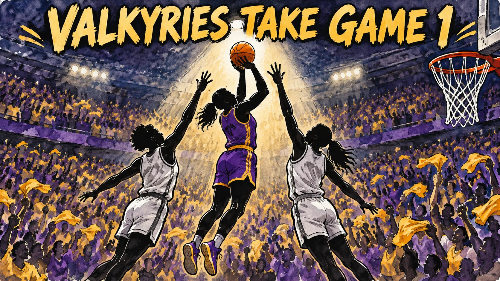 Hand-drawn editorial illustration of a Valkyries player rising for a contested jump shot over two Dream defenders during Game 1 of the 2026 WNBA Finals