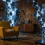 Illustration of a yellow armchair in a 1950s living room with the walls breaking into glowing digital circuitry, for the VisionQuest release schedule